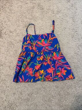 LOFT Blue Floral Tank Top with Pink, Orange and Green Accents